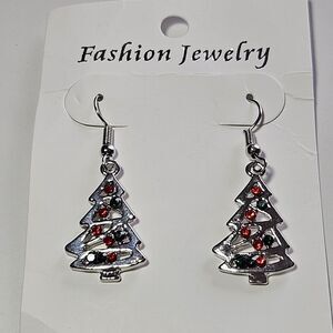 Silver Tone Christmas Tree Earrings With Red And Green Rhinestones